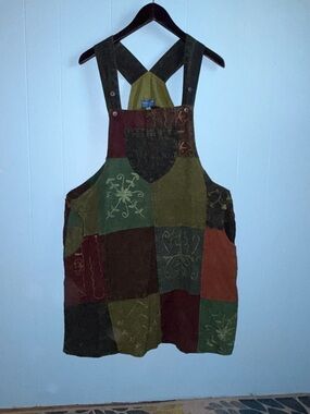 Patchwork Multicolor Cotton Blend Overall Dress - Green/Brown/Red